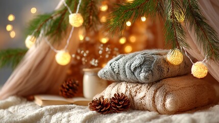 Obraz premium Soft cozy Christmas corner pine branch knitted textures warm holiday lighting