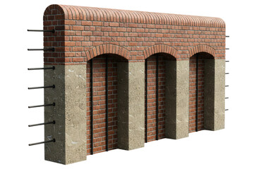 Brick wall section with concrete pillars and metal reinforcement isolated with transparent background