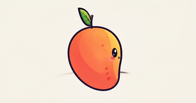 Cartoon illustration of a ripe mango with a leaf, featuring a smiling expression on a plain background