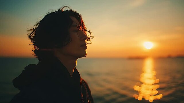 海辺の夕日を見つめる男性、波音と夕暮れの静寂
