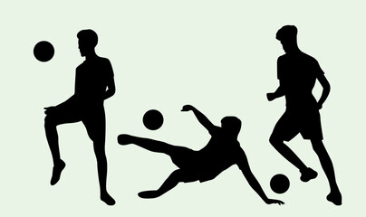 Collection of dynamic black silhouette illustrations depicting male soccer players performing various ball control actions