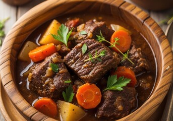 Hearty beef stew with carrots and potatoes in a wooden bowl