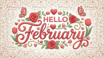 Words &lsquo;Hello February&rsquo; decorated with flowers, hearts, butterflies and delicate leaves, creating a romantic floral composition