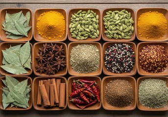 Overhead view of various spices and herbs in square wooden bowls on a rustic table