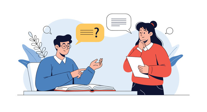 Two people discuss a lesson as one sits at a desk with an open book and the other stands with a clipboard sharing ideas and asking questions.