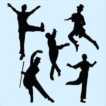 Collection of five dynamic male dancer silhouettes performing various energetic theatrical and tap dance movements