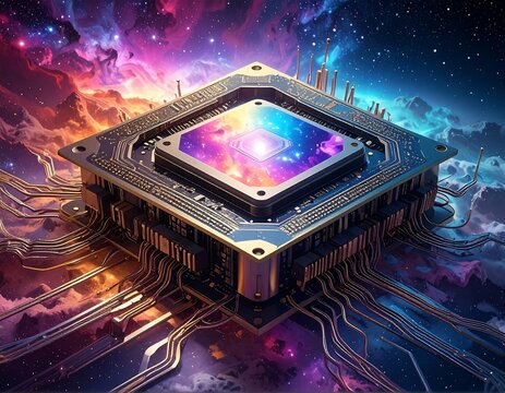 A detailed, colorful CPU rendered against a vivid cosmic nebula backdrop - Powered by Adobe