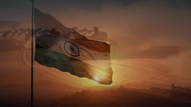 Indian military illustration. Indian Army with waving flag of India.