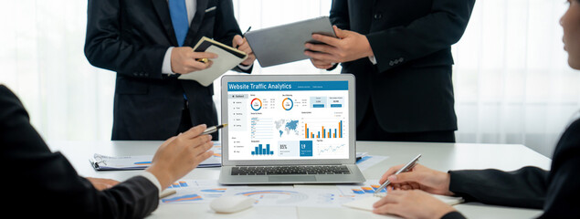 Computer software for website traffic analytics data on computer screen. Concept of SEO search engine optimization and customer targeting for online business brisk