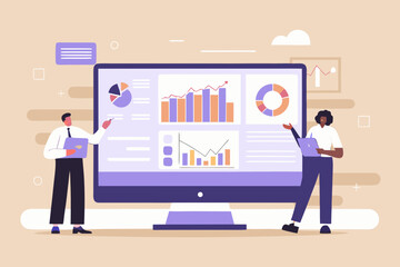 Data analysis presentation with two people collaborating near a large monitor