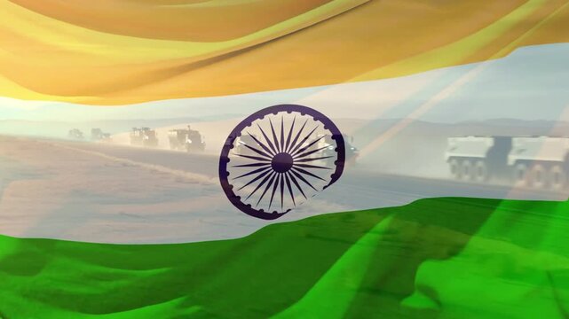 Indian military illustration. Indian Army with waving flag of India.