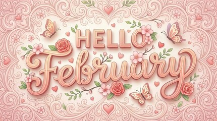 Words ‘Hello February’ decorated with flowers, hearts, butterflies and delicate leaves, creating a romantic floral composition