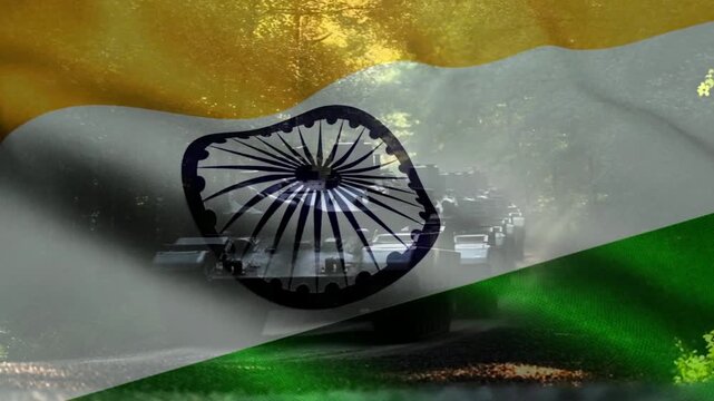 Indian military illustration. Indian Army with waving flag of India.