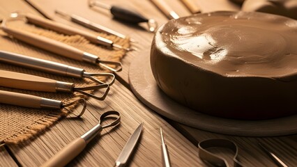 Collection of various pottery sculpting tools with a lump of wet brown clay on a rustic wooden surface