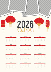 2026 calendar design template. red color design. 2026 Chinese new year calendar template. chinese lanterns background. with Space to add pictures.
	
