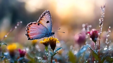 pink butterfly on wildflower in soft morning light, pink butterfly in dreamy floral meadow with bokeh background, pink butterfly nature macro symbol of beauty and hope