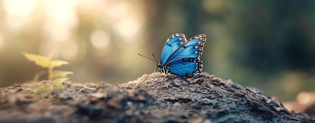 blue butterfly resting on forest ground in soft sunlight, blue butterfly in natural environment symbol of hope and freedom, blue butterfly wildlife macro with dreamy bokeh background