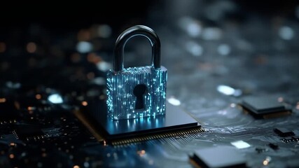 Digital security concept illuminated lock on computer chip - Powered by Adobe