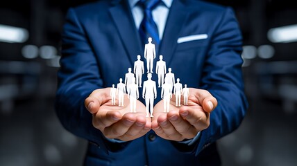 Businessman holding group of people icons concept
