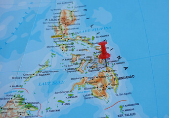 View of Surigao City, officially the City of Surigao, is a component city and capital of the province of Surigao del Norte, Philippines, on geographical map of Asia, marked with red push pin