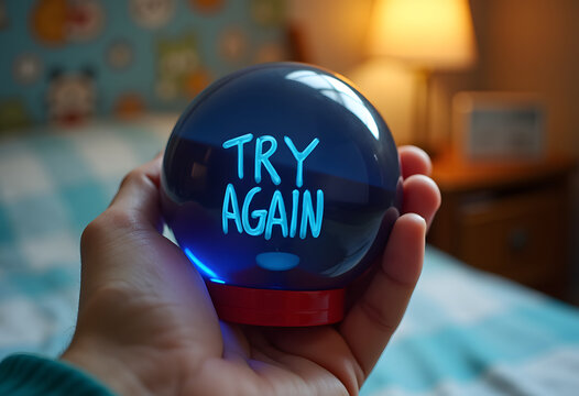 Hand holding magic divination ball saying try again