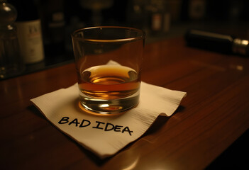 Whiskey glass on napkin with bad idea message