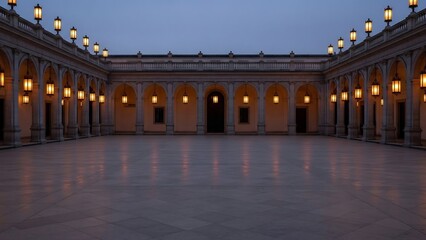 Fototapeta premium Evening View of a Classical Courtyard with Illuminated Lanterns and Architectural Symmetry.
