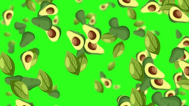 Seamless Falling Avocado Halves and Leaves on Green Background