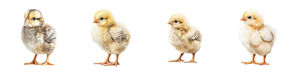 Obraz premium Adorable Chick Group: Four Fluffy Baby Chickens on White