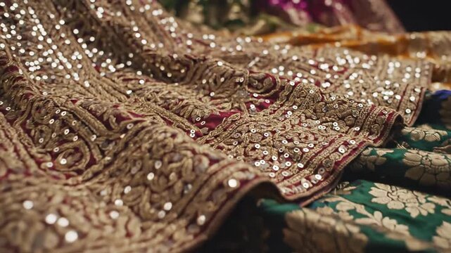Close-up of intricately designed traditional Indian fabrics with gold embroidery and beads on green and red textiles.