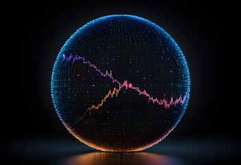 Global stock market data analysis sphere with fluctuating trends