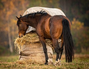 A chestnut horse eats hay from a covered bale in a field
