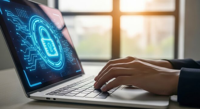 Woman types on laptop keyboard. Login, password fields visible on screen. Cybersecurity concept. Data protection, secured internet access. Tech user works on device