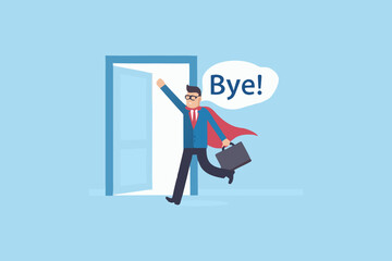 A businessman leaving through a doorway waving goodbye with a speech bubble © Dayal
