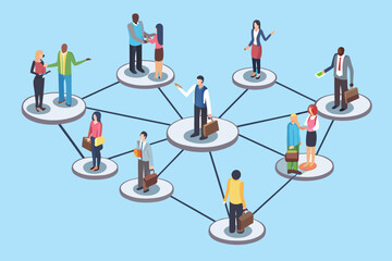 Isometric illustration depicting a network of professionals collaborating and connecting