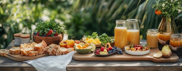 breakfast table with fresh food and drinks in natural light, cozy breakfast table with fresh food for healthy lifestyle, rustic breakfast table with fresh food brunch concept