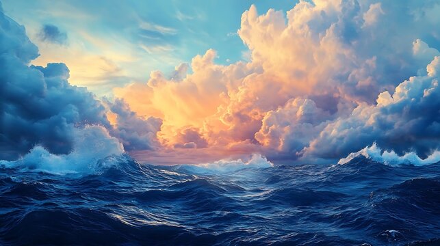 Powerful dramatic ocean waves under a stormy sunset, majestic dramatic ocean waves crashing in the deep blue sea, and scenic dramatic ocean waves with golden sunlight hitting the water.