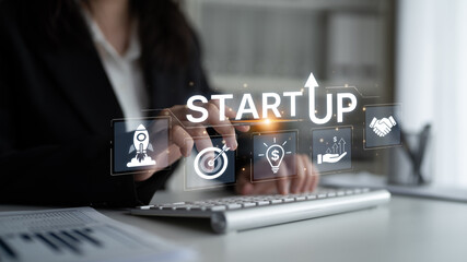 Concept of a new startup business venture. The process includes innovation, setting targets, securing investment, and forming partnerships for a successful company launch. Fermion
