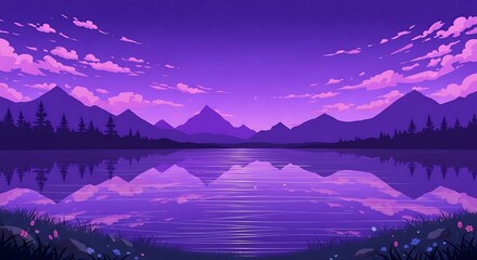 Serene natural landscape displays striking purple hues over mountains and calm water