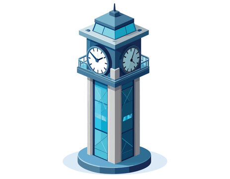 Isometric Clock Tower Building with Four Faces.