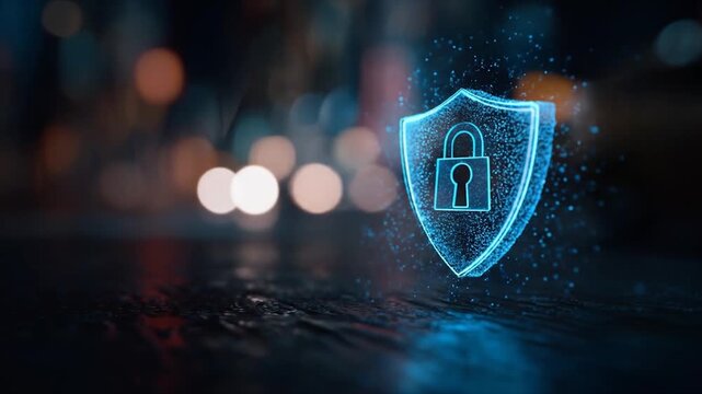 Digital security shield concept with lock symbol on blurred background