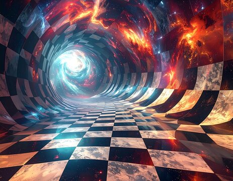 temporal distortion field, checkered grid, abstract space background, swirling effect