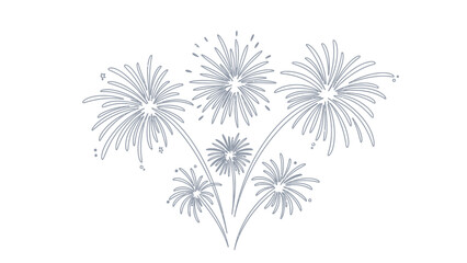 Isolated grey line art fireworks bursting in a white background minimalist celebration graphic