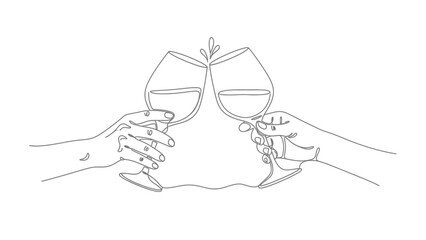 Minimalist continuous line art of two hands toasting with wine glasses celebrating a special moment