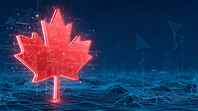 Digital maple leaf emerging on tech landscape reflecting Canada's innovation future