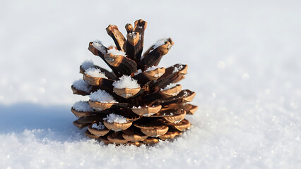 A close-up of a pine cone dusted with snow, resting on a blanket of pristine white snow on a bright winter day