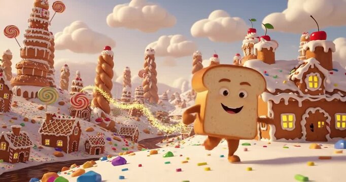 Cheerful animated slice of bread running through a whimsical candy landscape with gingerbread structures