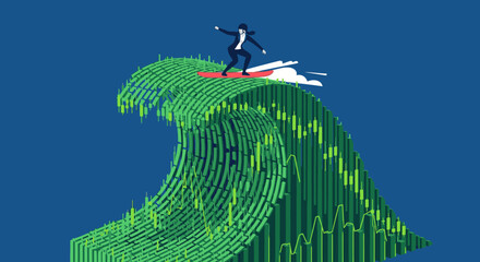 Businessman surfing on a giant wave made of stock market charts and data, symbolizing financial success and market trends