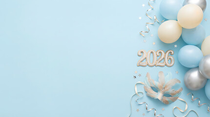 Happy New Year 2026 with festive balloons, confetti, and a masquerade mask on a light blue background for celebration and party themes