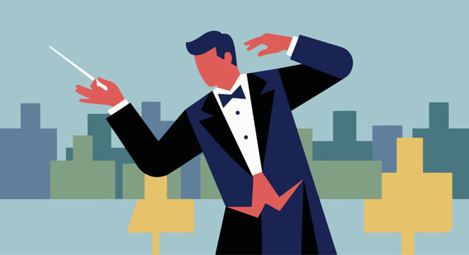Flat vector illustration of a classical orchestra conductor, expressive hand gesture with baton, solid colour blocks, clean geometric composition, flat modern vector style, no gradients, stock illustr